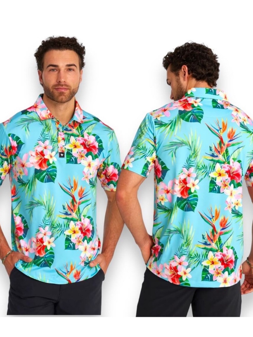 Bad Birdie Men's Tropical Floral Polo - Aqua with Pink & Green